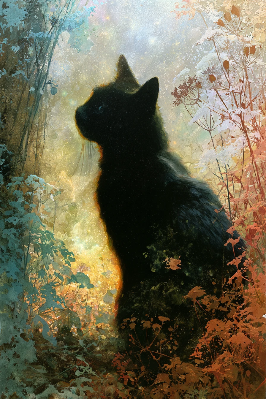 Cat discovering a quiet garden of fallen stars