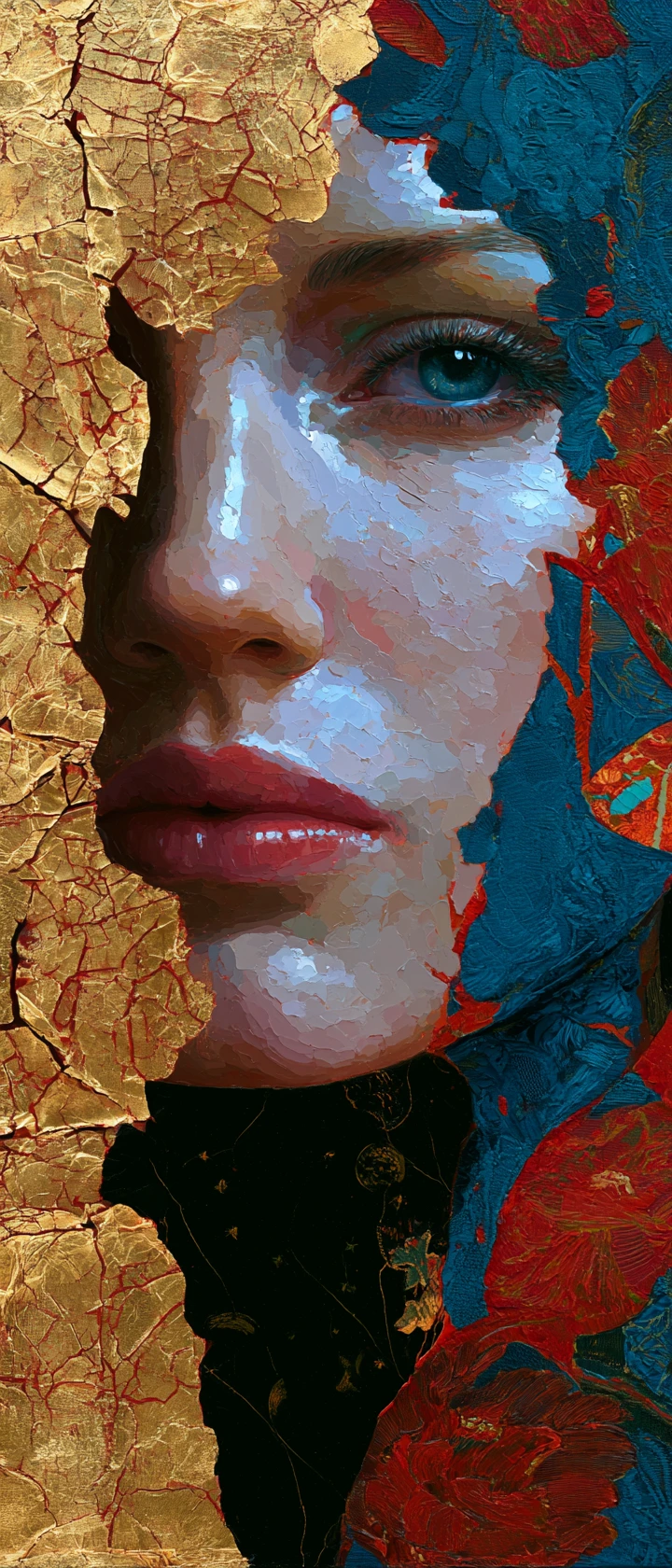 Retrato surreal em óleo de uma jovem mulher em sombra profunda