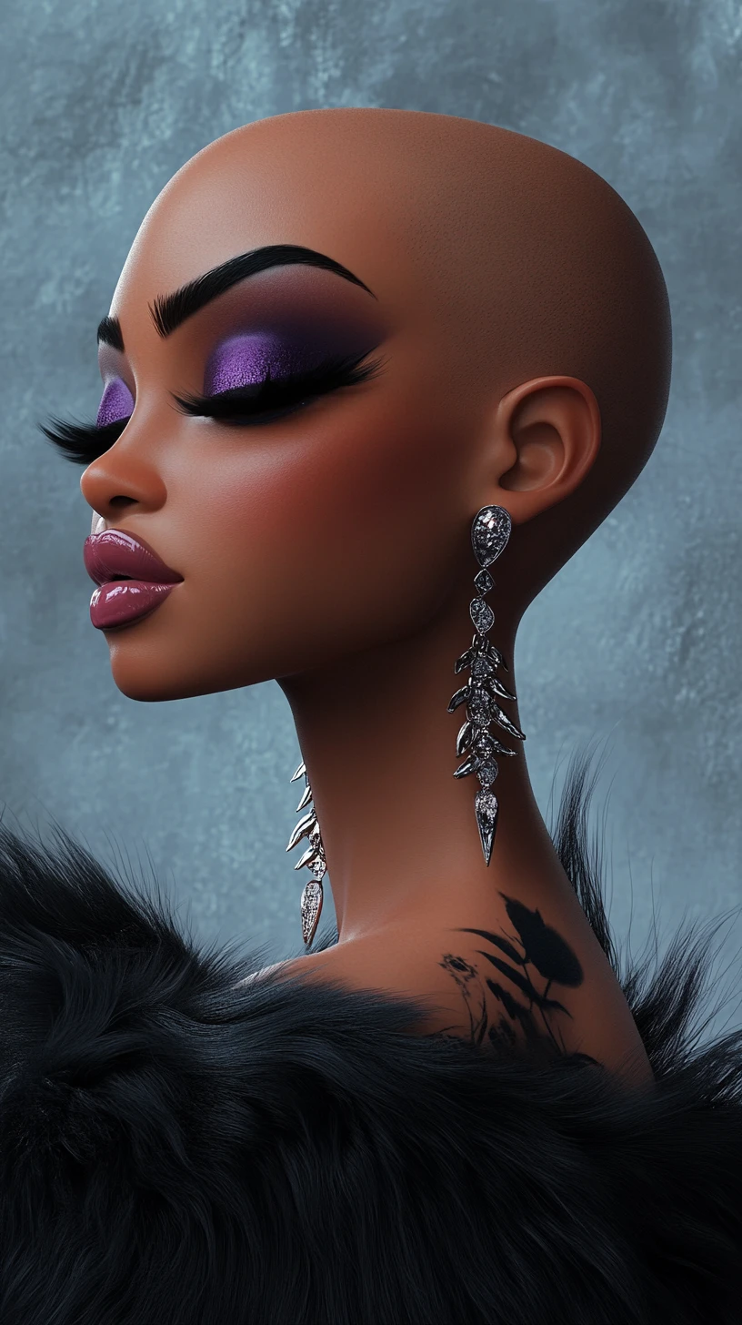 Ritratto glamour di donna calva in illustrazione 3D stilizzata