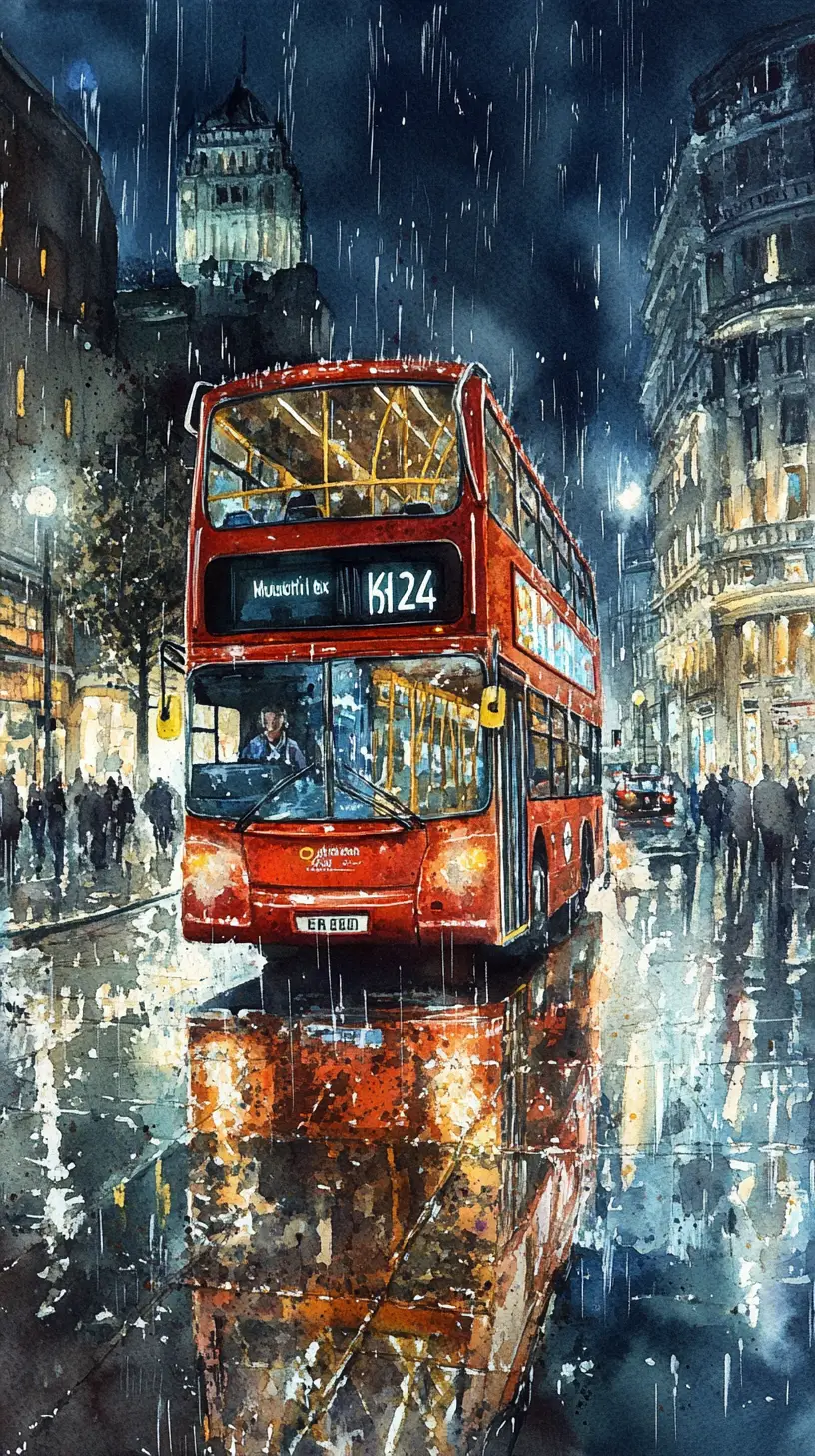 雨夜中的紅色倫敦公車水彩畫