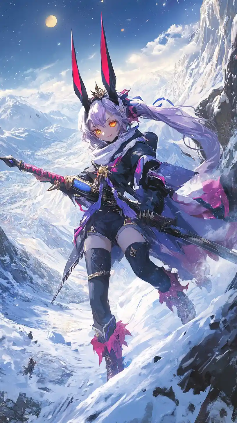 Chica de anime en pueblo nevado junto a una torre de acero