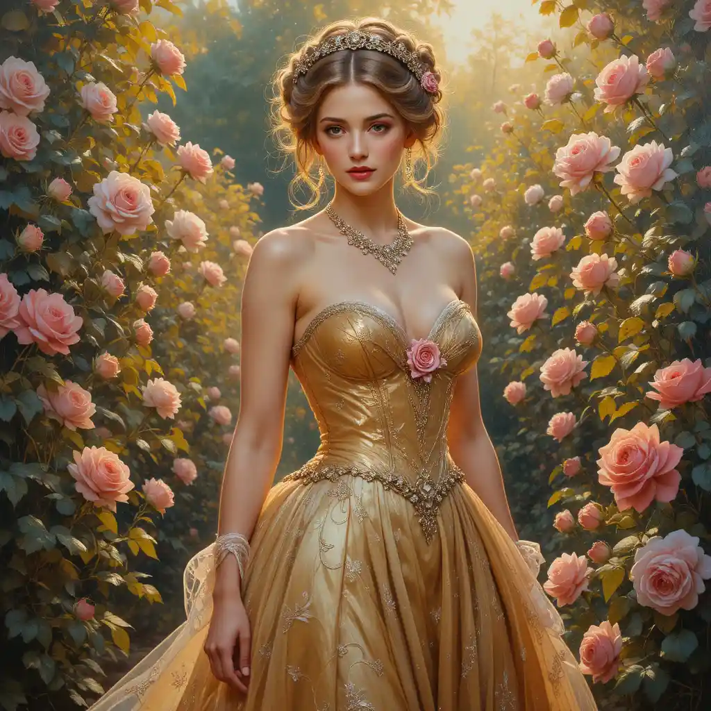 Elegant woman in a rose garden at golden hour