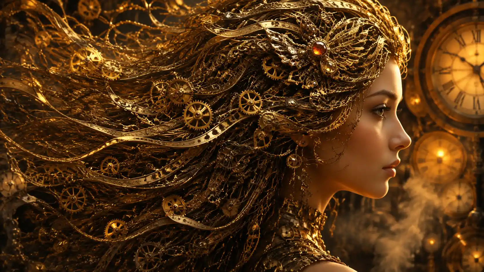 Retrato Steampunk com Cabelo de Engrenagens em Luz Dourada Quente