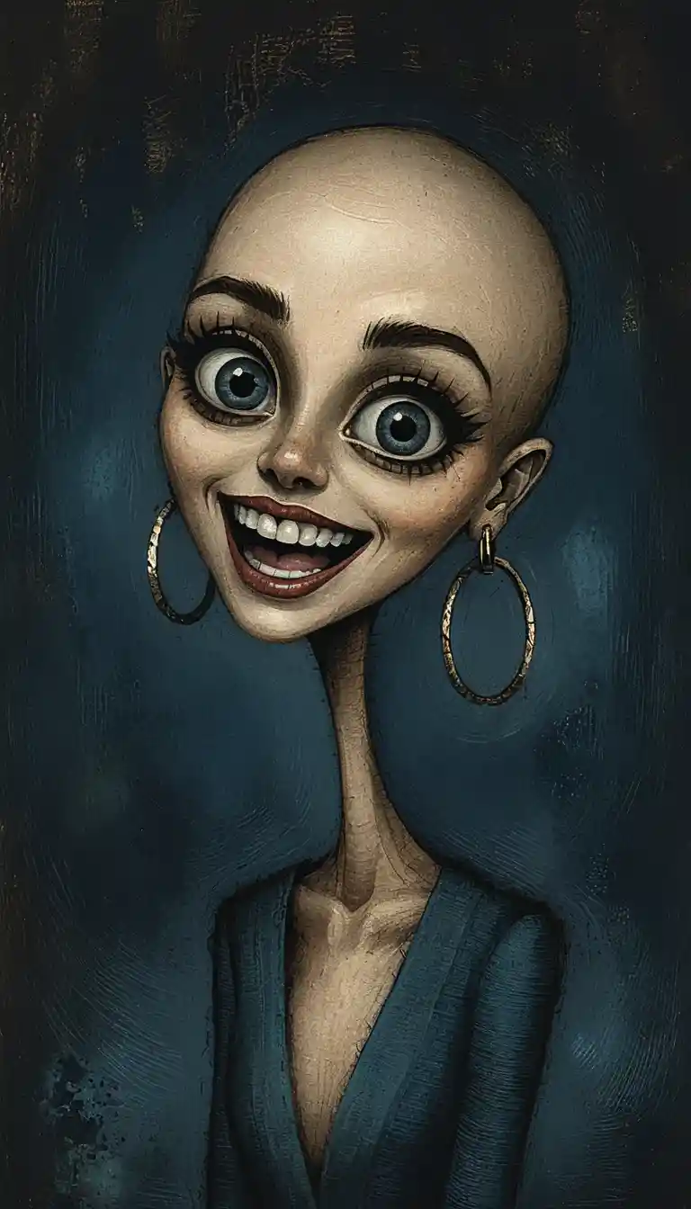 Dark fantasy caricature portrait of a woman with long neck