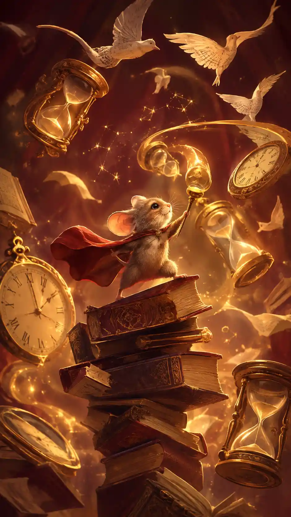 Tiny mouse balancing on floating books with glowing clocks