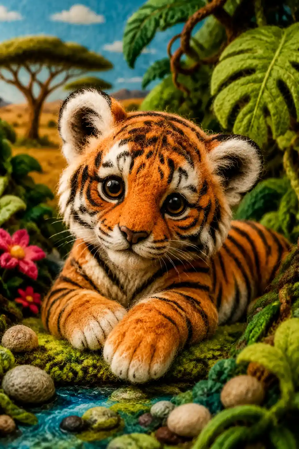 Adorável filhote de tigre em feltro de agulha relaxando em uma minúscula selva
