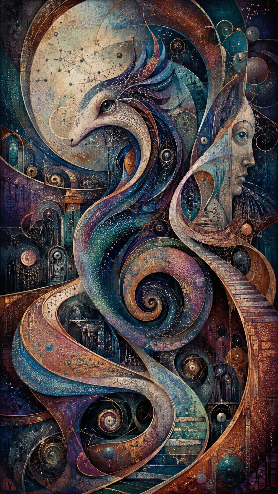 Fantastical curled creature amid surreal spiral architecture
