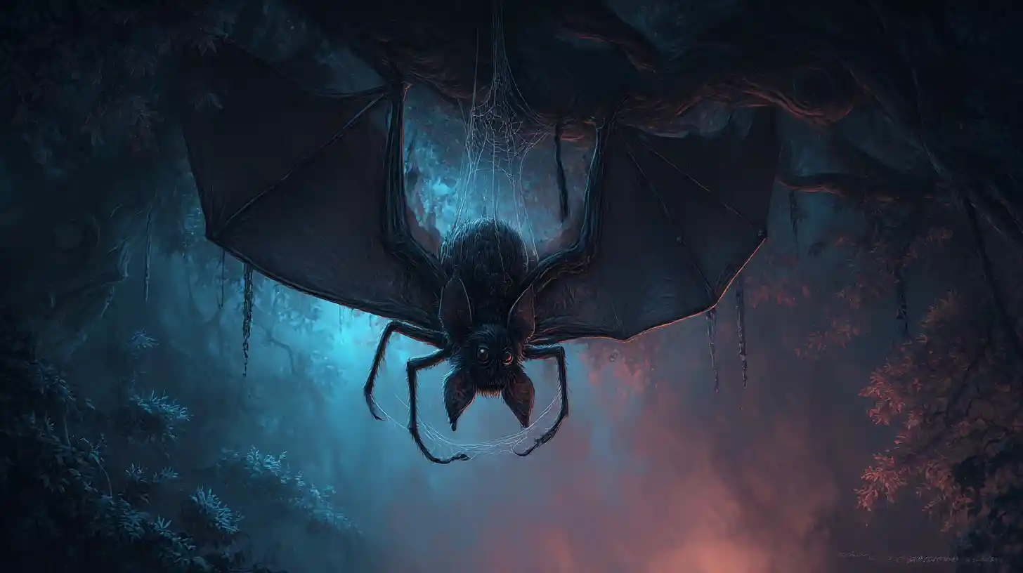 Monstruo murciélago-araña en un bosque oscuro y encantado