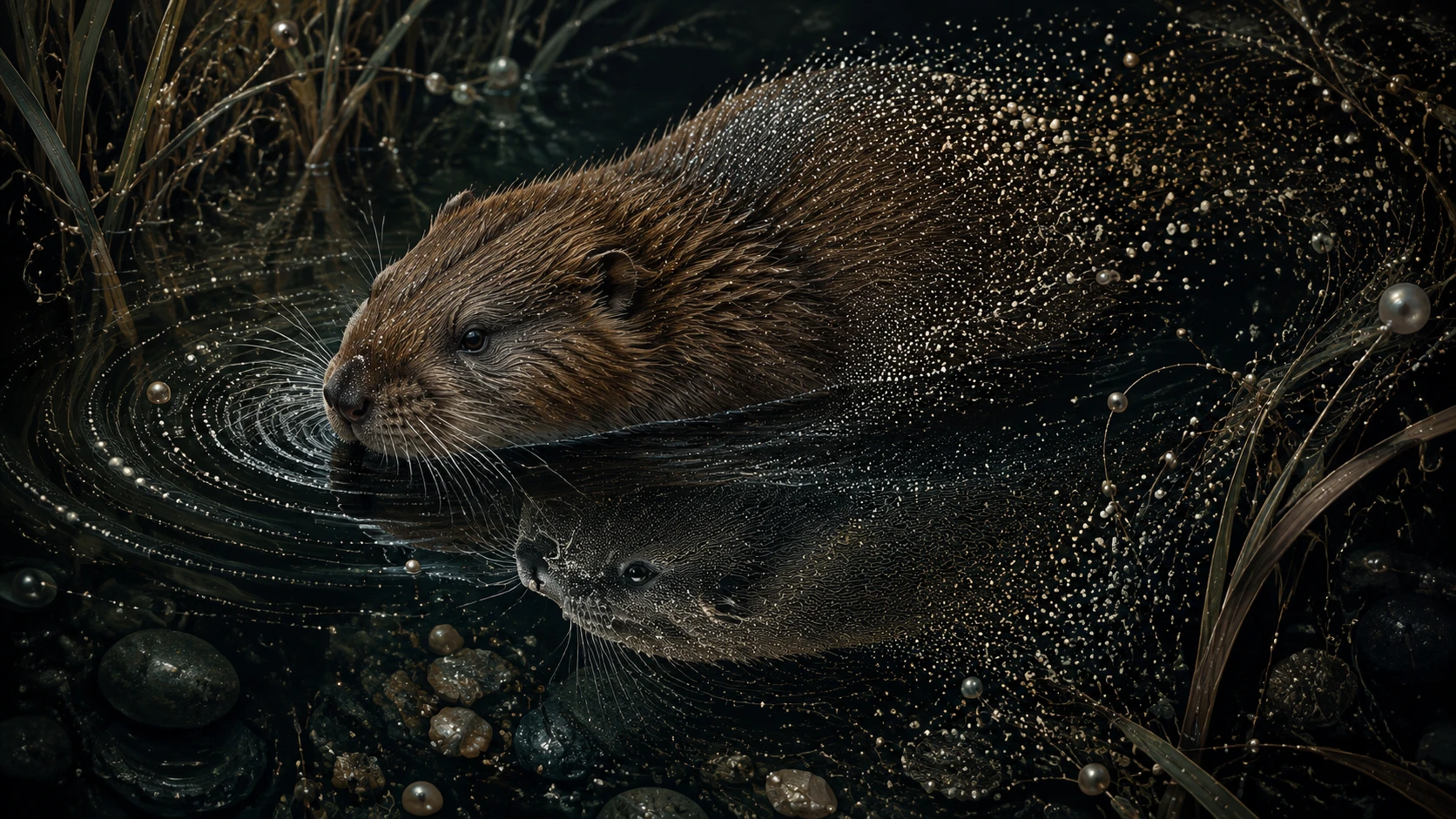 Surreal Muskrat Floating In A Dark Reflective Marsh