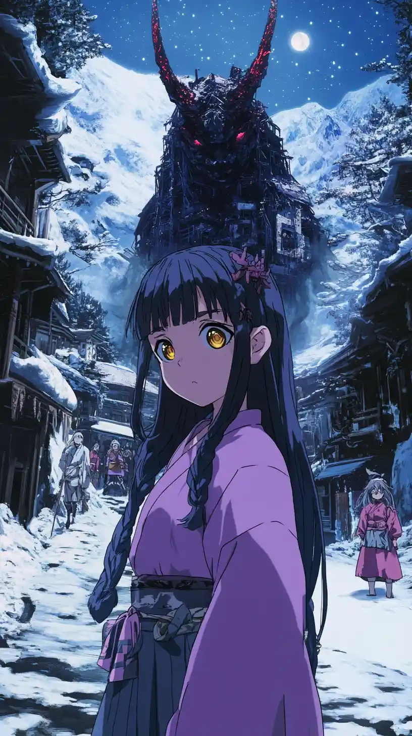 Chica de anime en pueblo nevado con torre de acero e iglesia