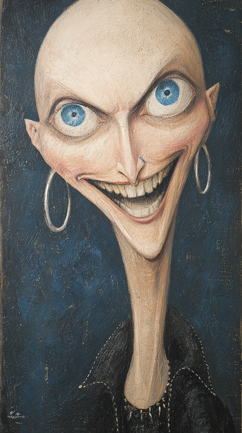 Caricatura dark fantasy di una donna calva con collo lungo