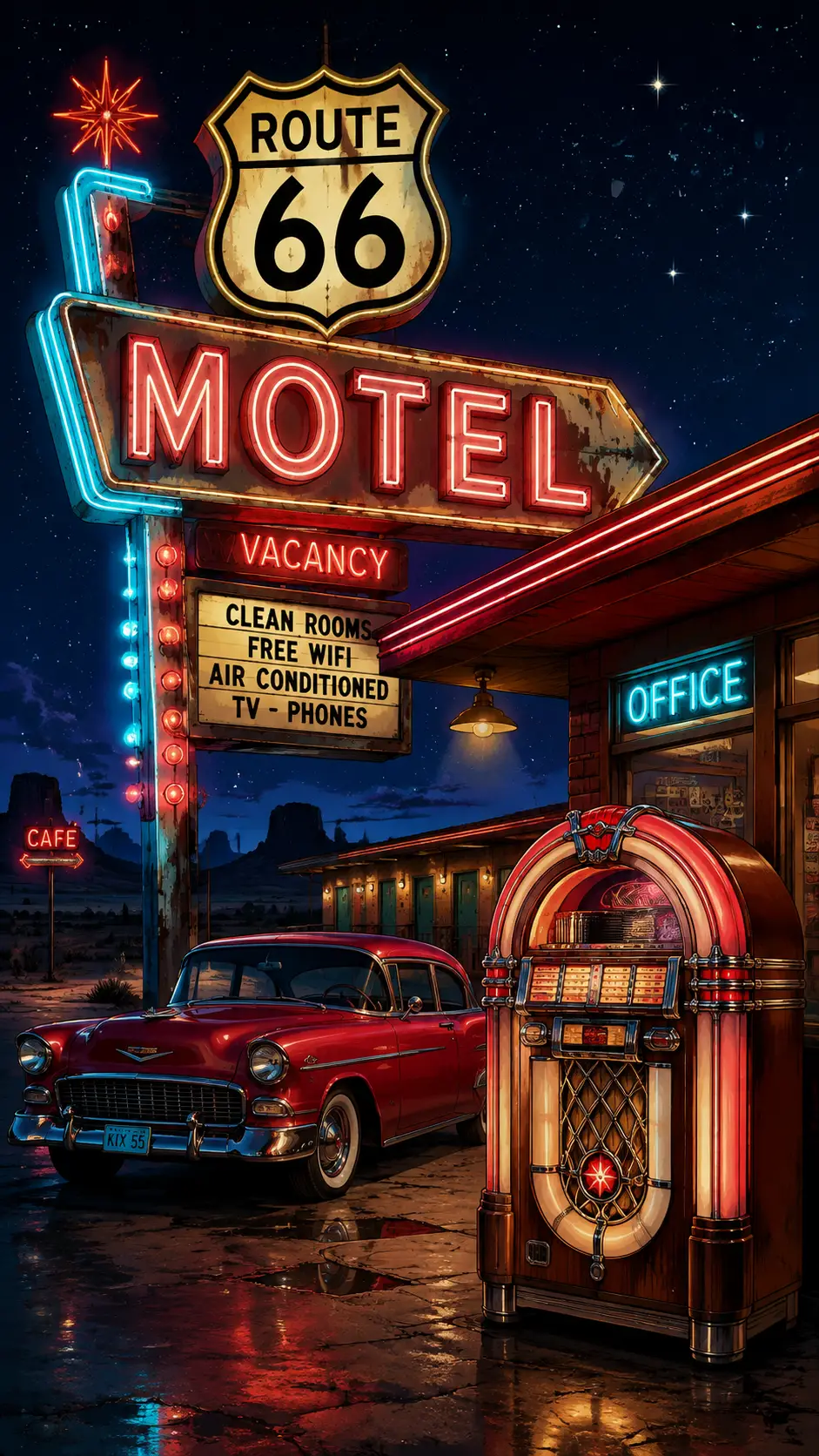 Placa vintage de motel brilhando em néon sob estrelas do deserto