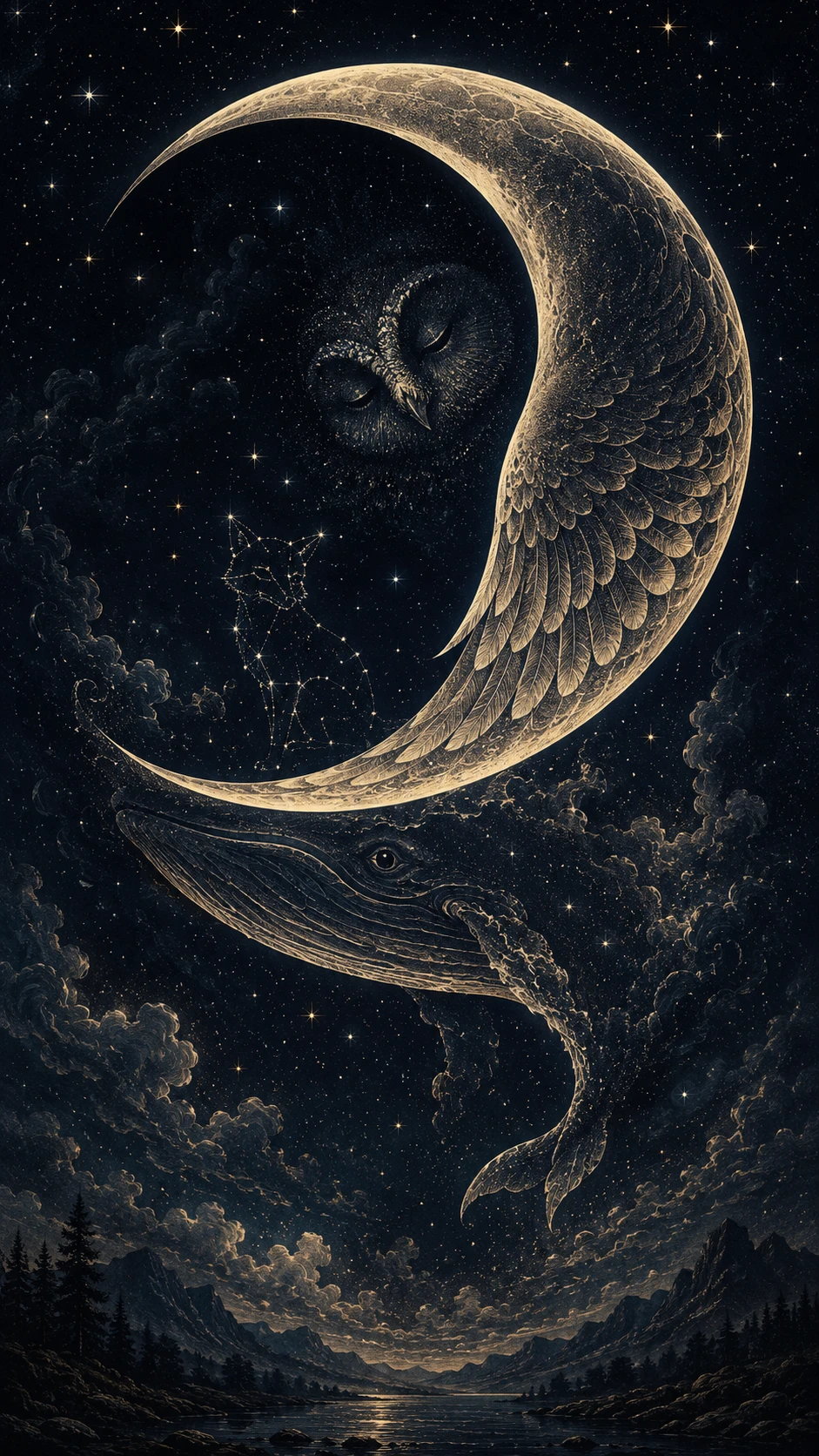 Luna crescente sopra un cielo oscuro fantasy pieno di stelle