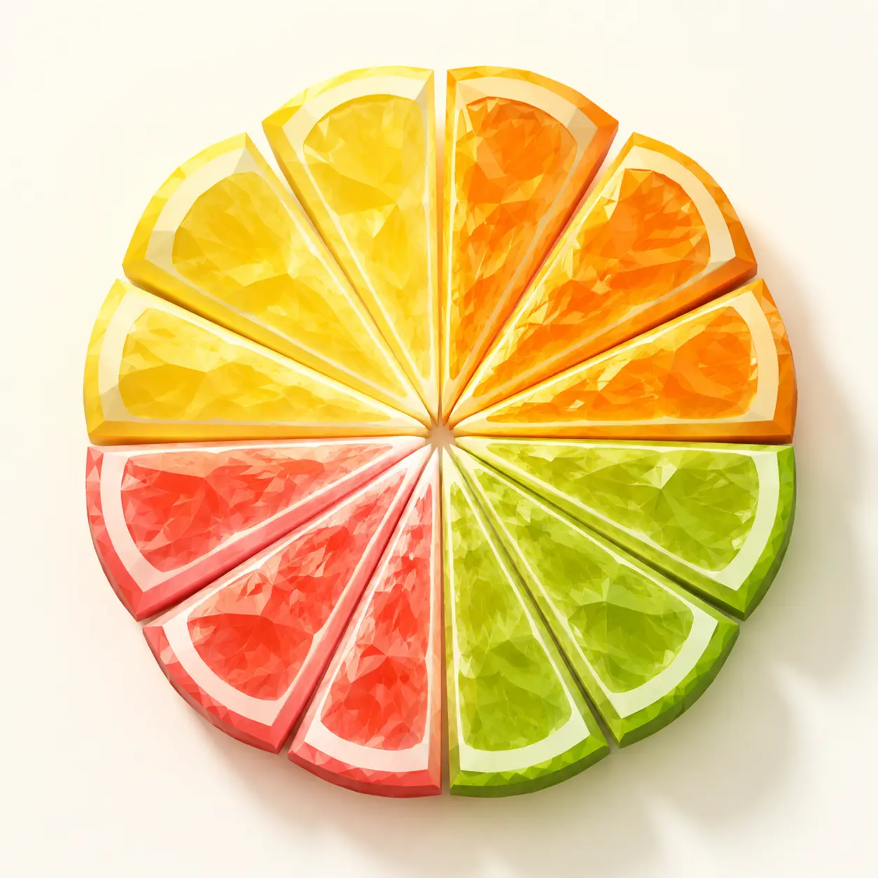 Roda colorida de fatias cítricas em 3D em um espaço branco minimalista