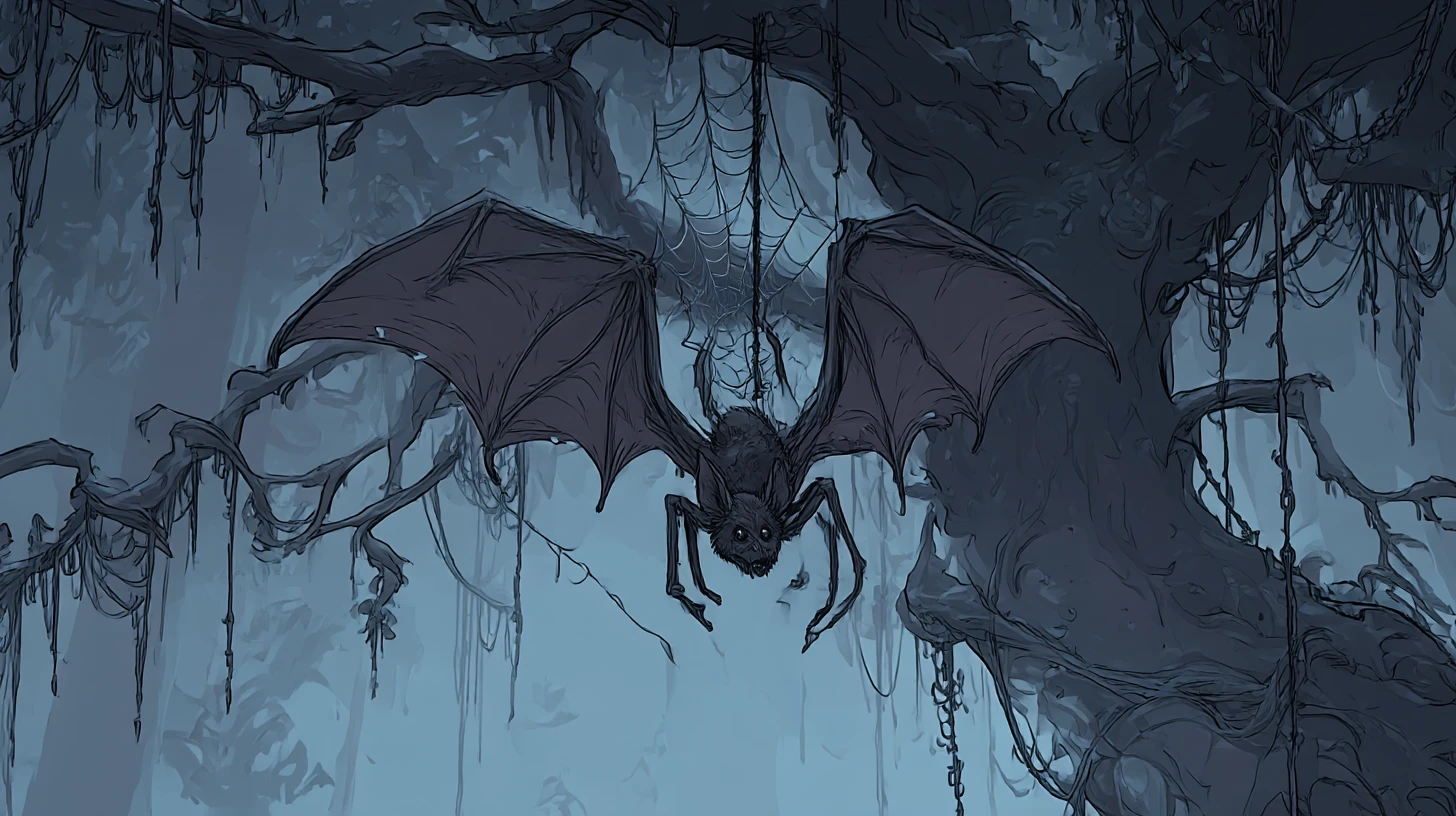 Monstruo murciélago-araña en un árbol oscuro de bosque encantado