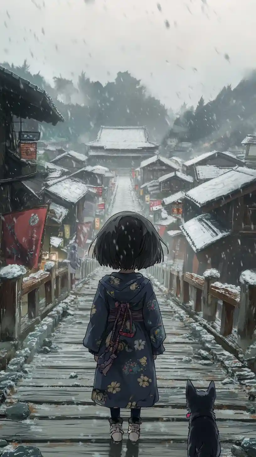 Girl walking a dog across a wooden village bridge