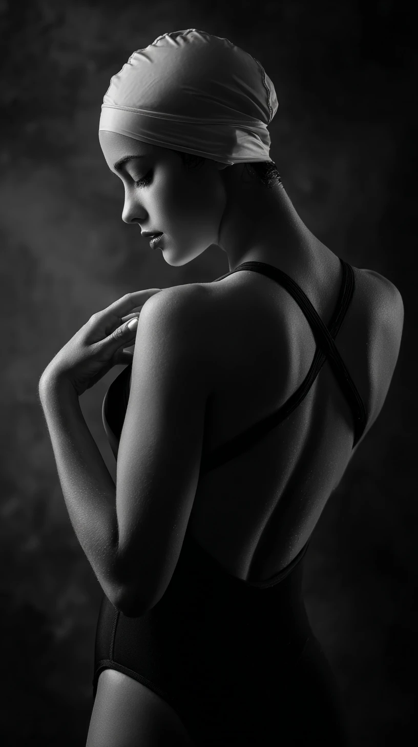 Portrait studio noir et blanc d’une nageuse concentrée