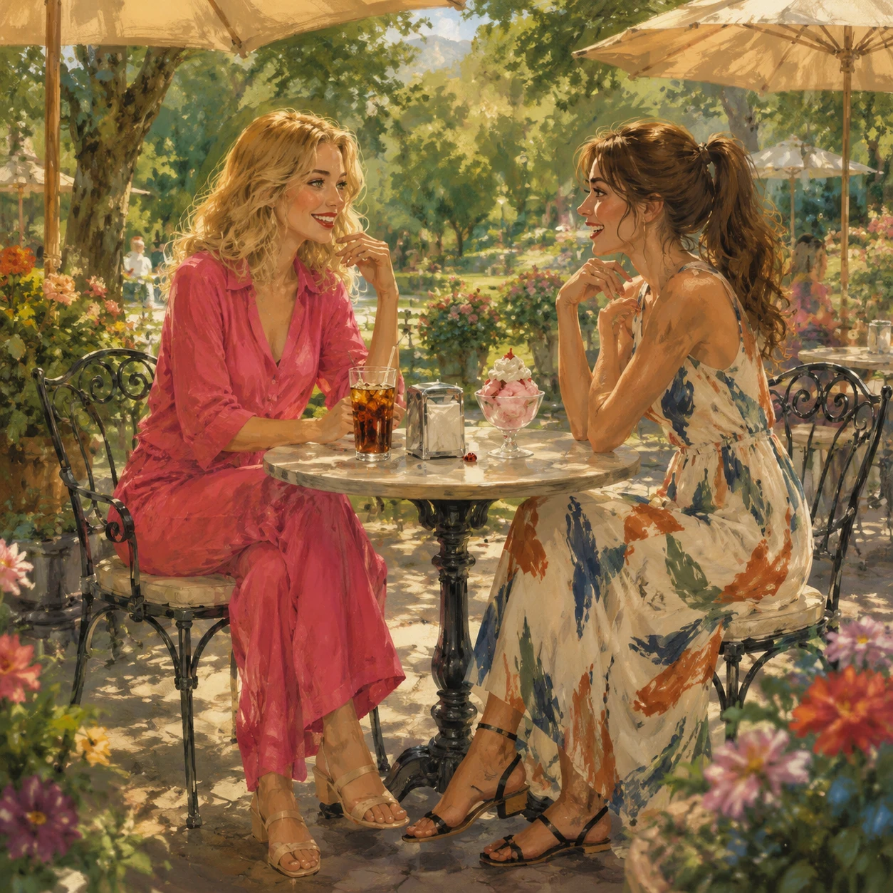 Two friends chatting at a sunny park cafe terrace