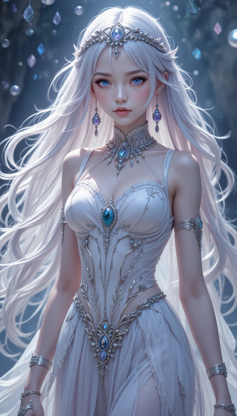 Garota fantasma de anime etérea com cabelo prateado e coroa de cristal