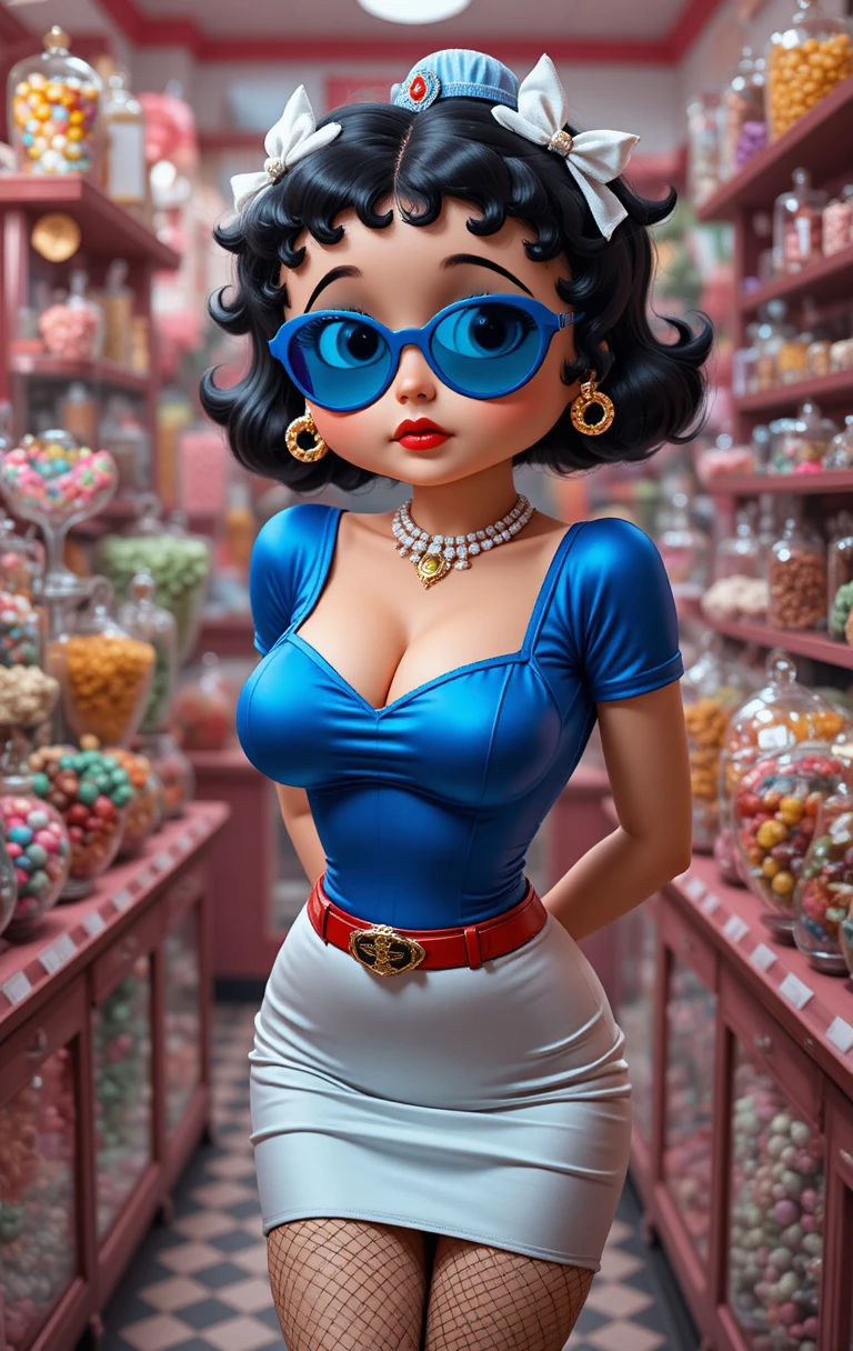 Mulher curvilínea em desenho animado se inclinando em uma colorida loja de doces