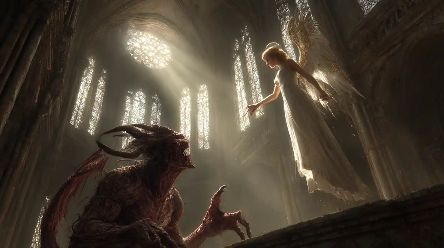 Ancient demon reaching for a radiant angel in cathedral