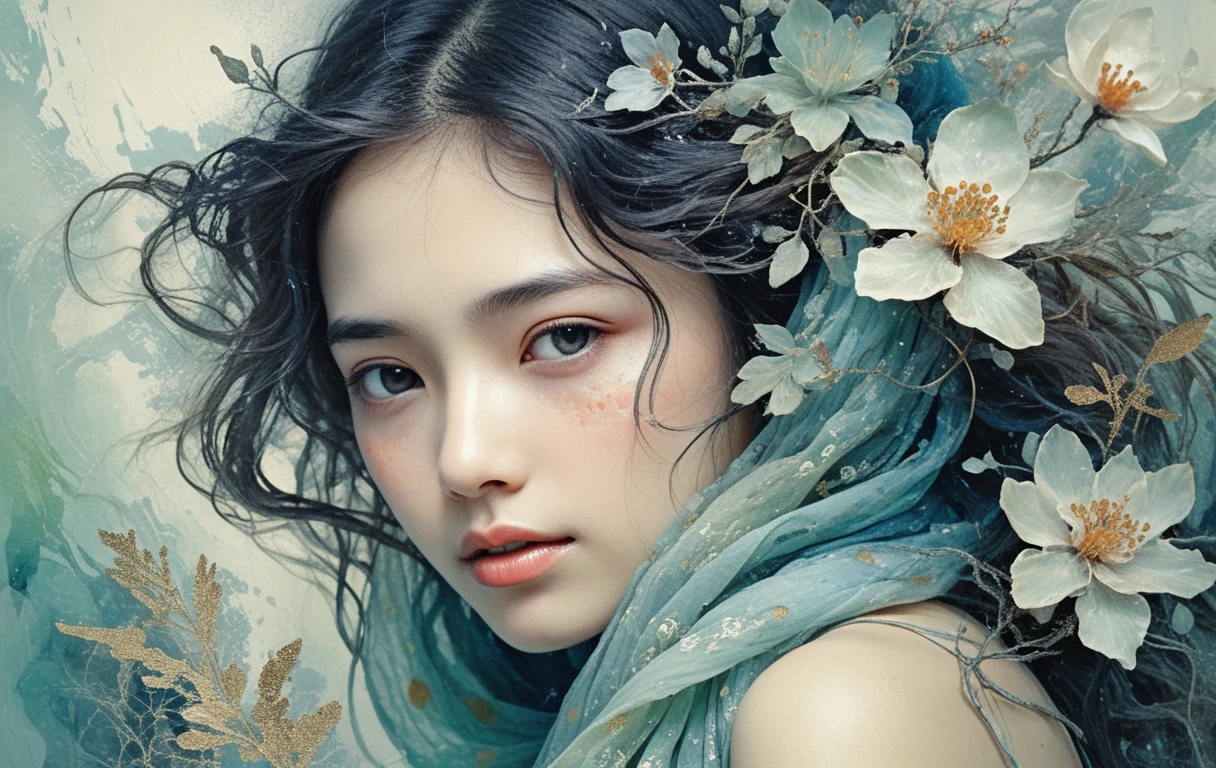 Joven mujer con luminosos ojos turquesa en neblina floral
