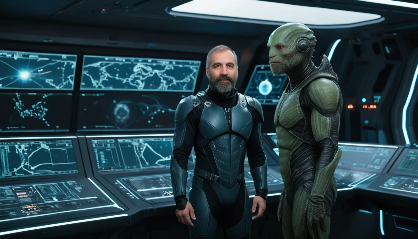 Hombre se Enfrenta a un Alienígena en el Puente de una Nave Estelar Futurista
