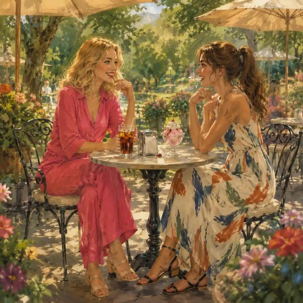 Duas amigas conversando no terraço ensolarado de um café no parque