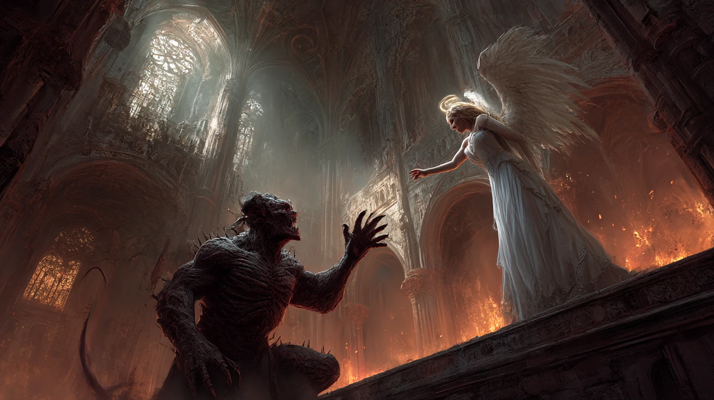 Antiguo demonio alcanzando a un ángel radiante en una catedral