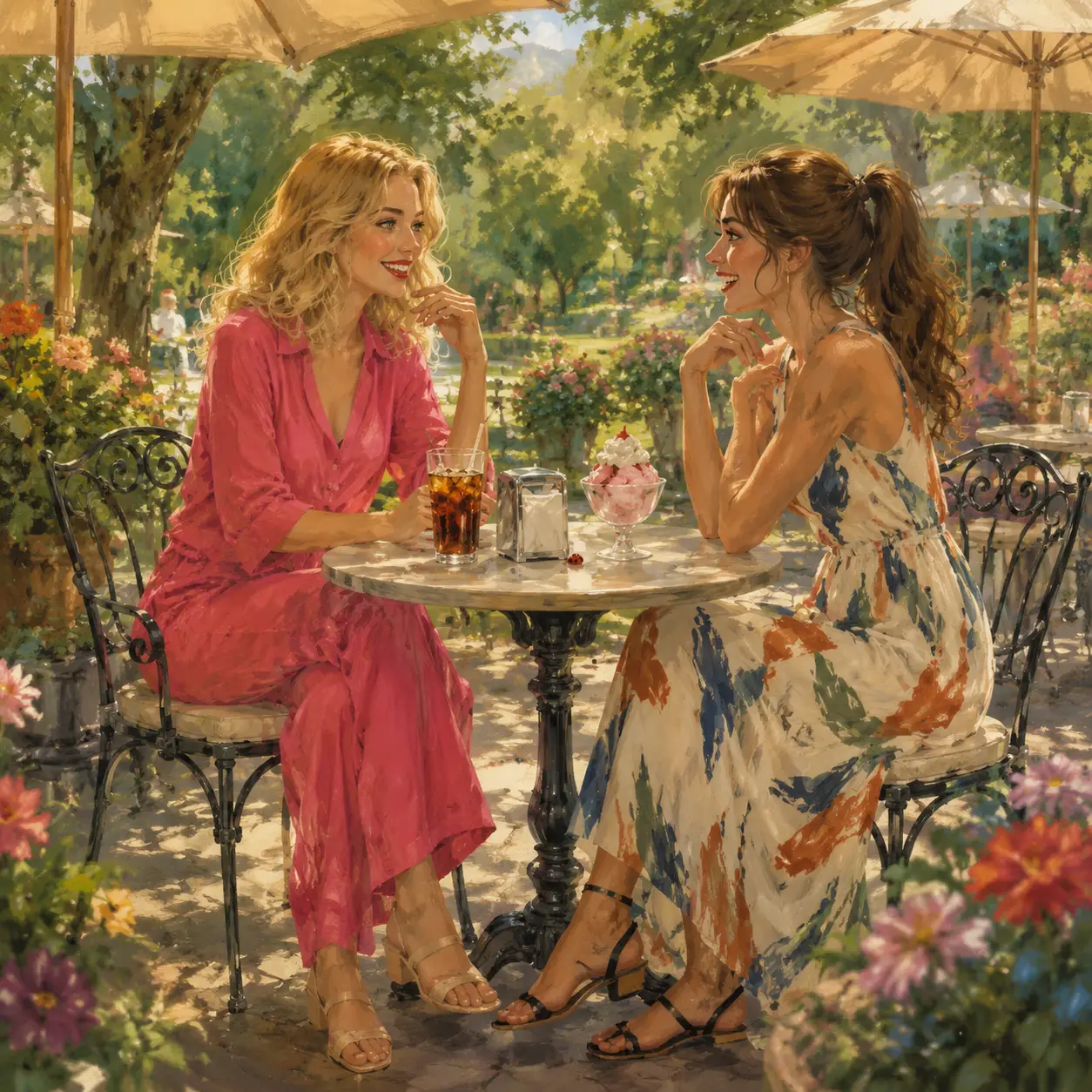 Duas amigas conversando no terraço ensolarado de um café no parque