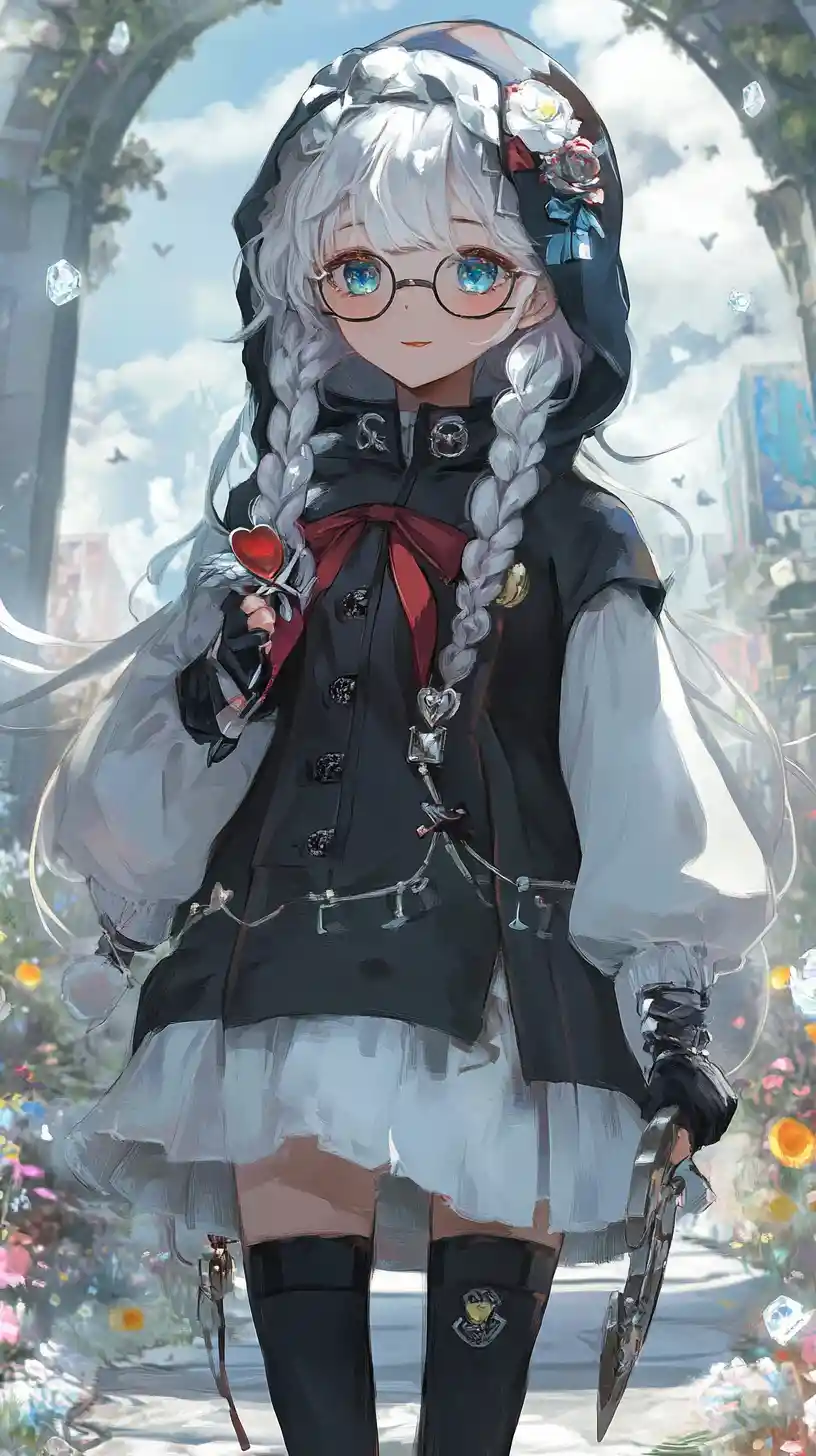 Ragazza anime con treccia argento in gilet e gonna lunga