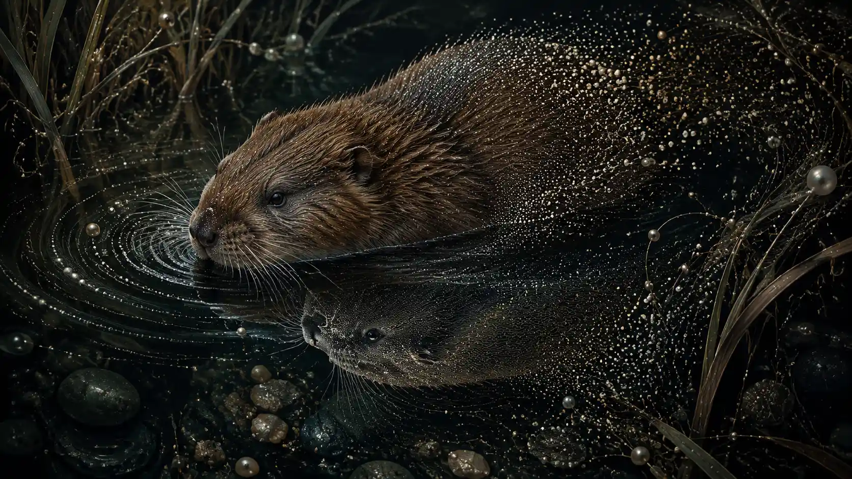Surreal Muskrat Floating In A Dark Reflective Marsh