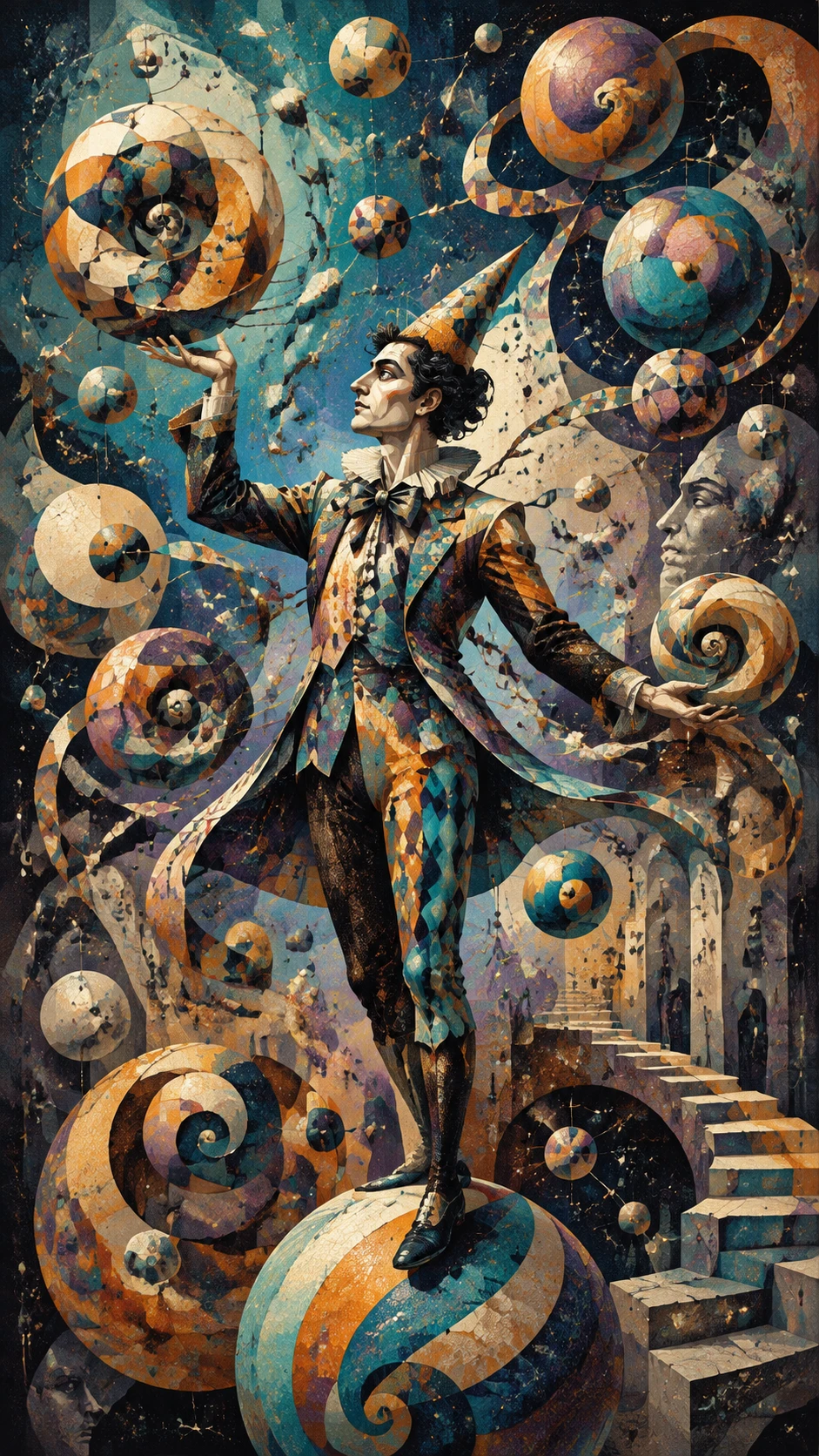 Performista surreal equilibrando espirais e esferas geométricas fragmentadas