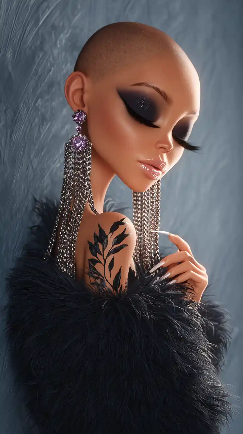 Glamorous bald woman in 3D caricatured portrait