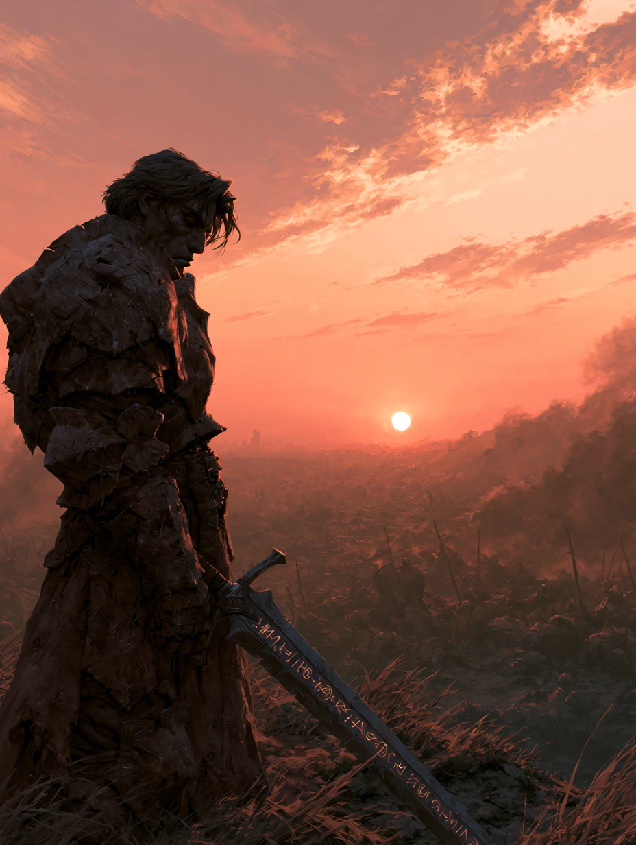 Paladino provato dalla battaglia in piedi vittorioso al tramonto sul campo di guerra