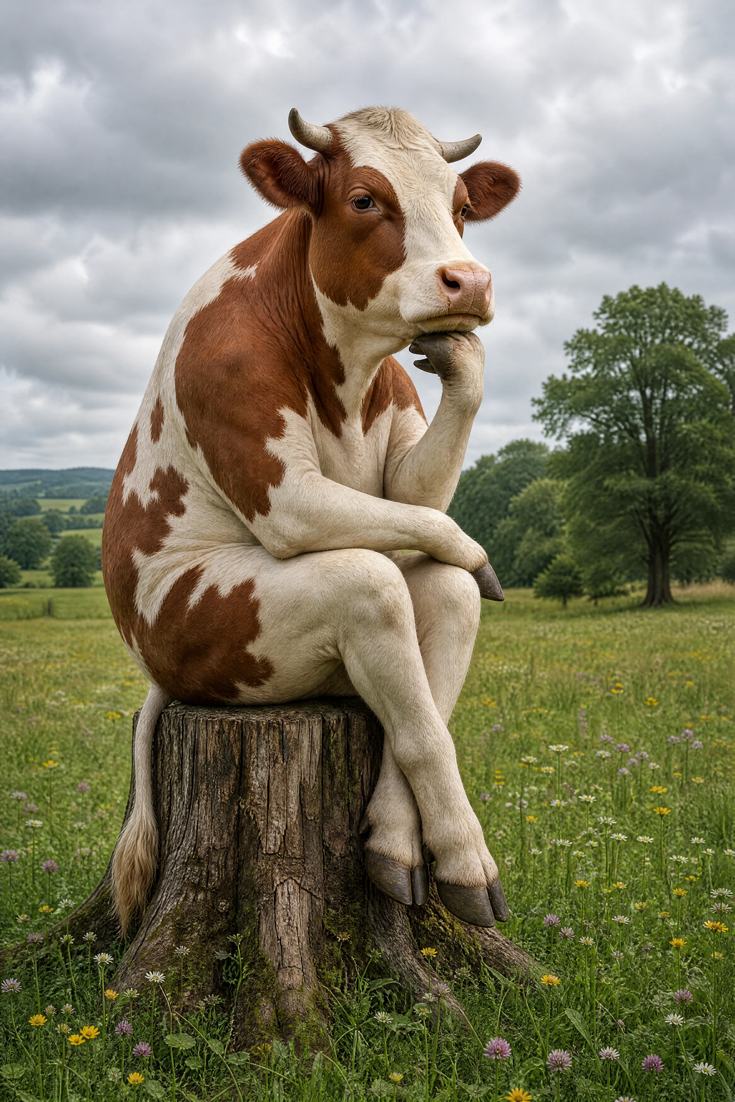 Contemplative cow sitting on a tree stump in a meadow