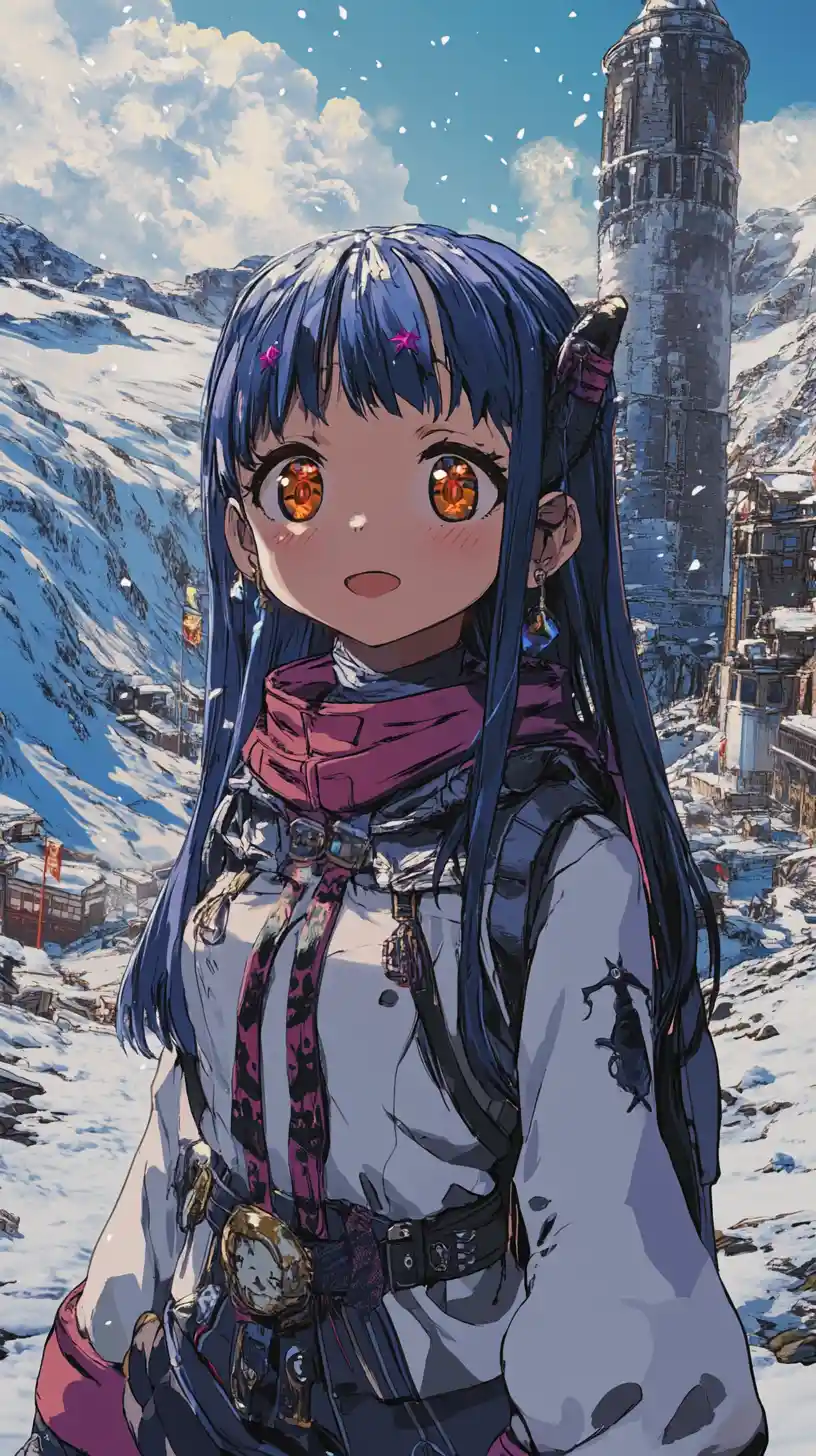 Garota de anime em vila nevada ao lado de torre de aço