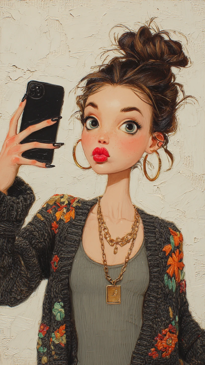 Chica pop art haciéndose un selfie con ojos grandes y labios rojos