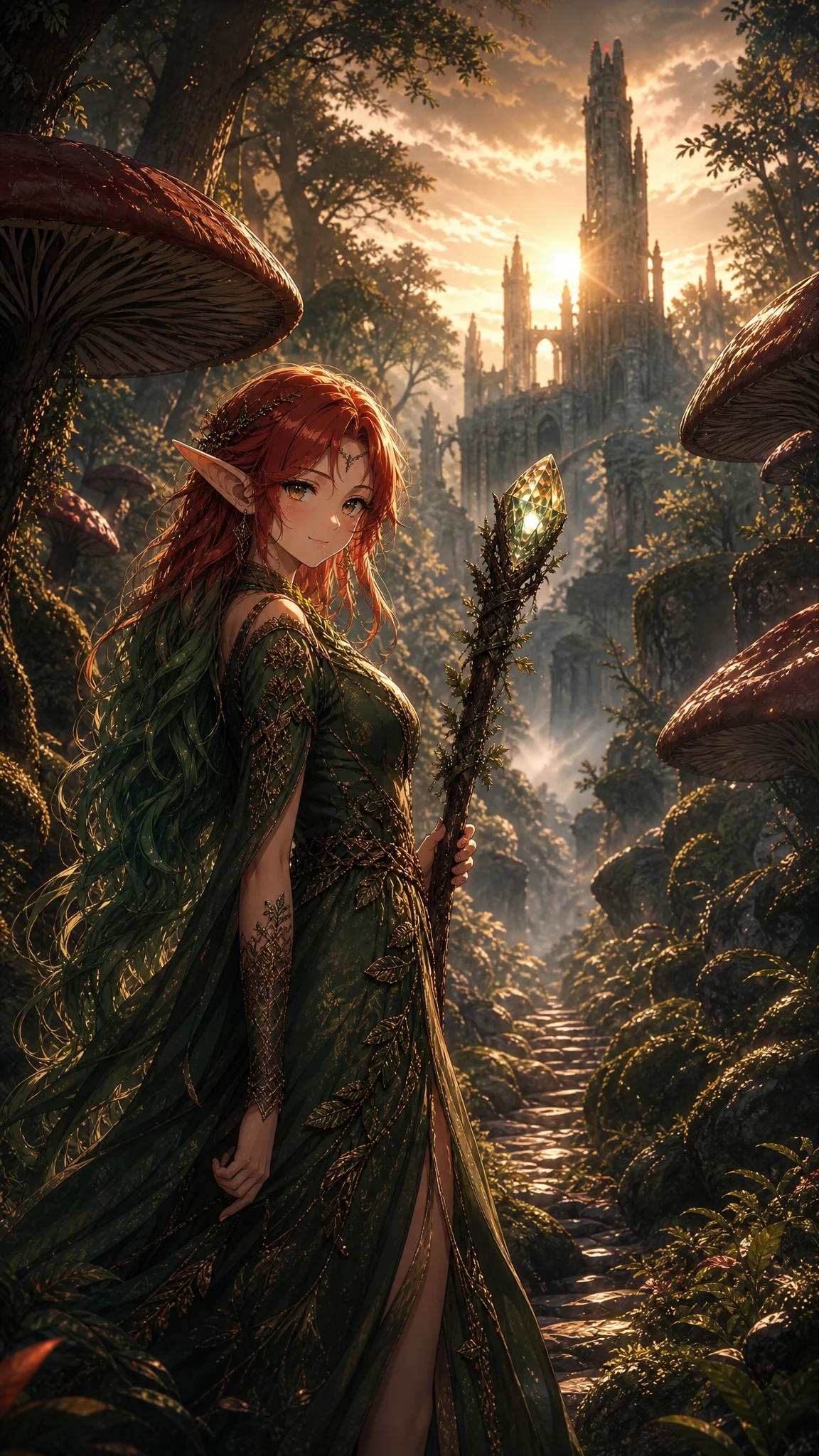 Mago elfo em trilha de floresta enevoada diante de castelo distante