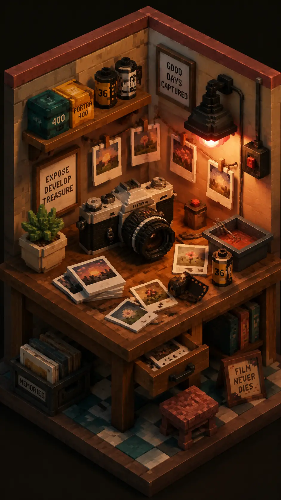 Estúdio fotográfico voxel aconchegante com câmera vintage e impressões