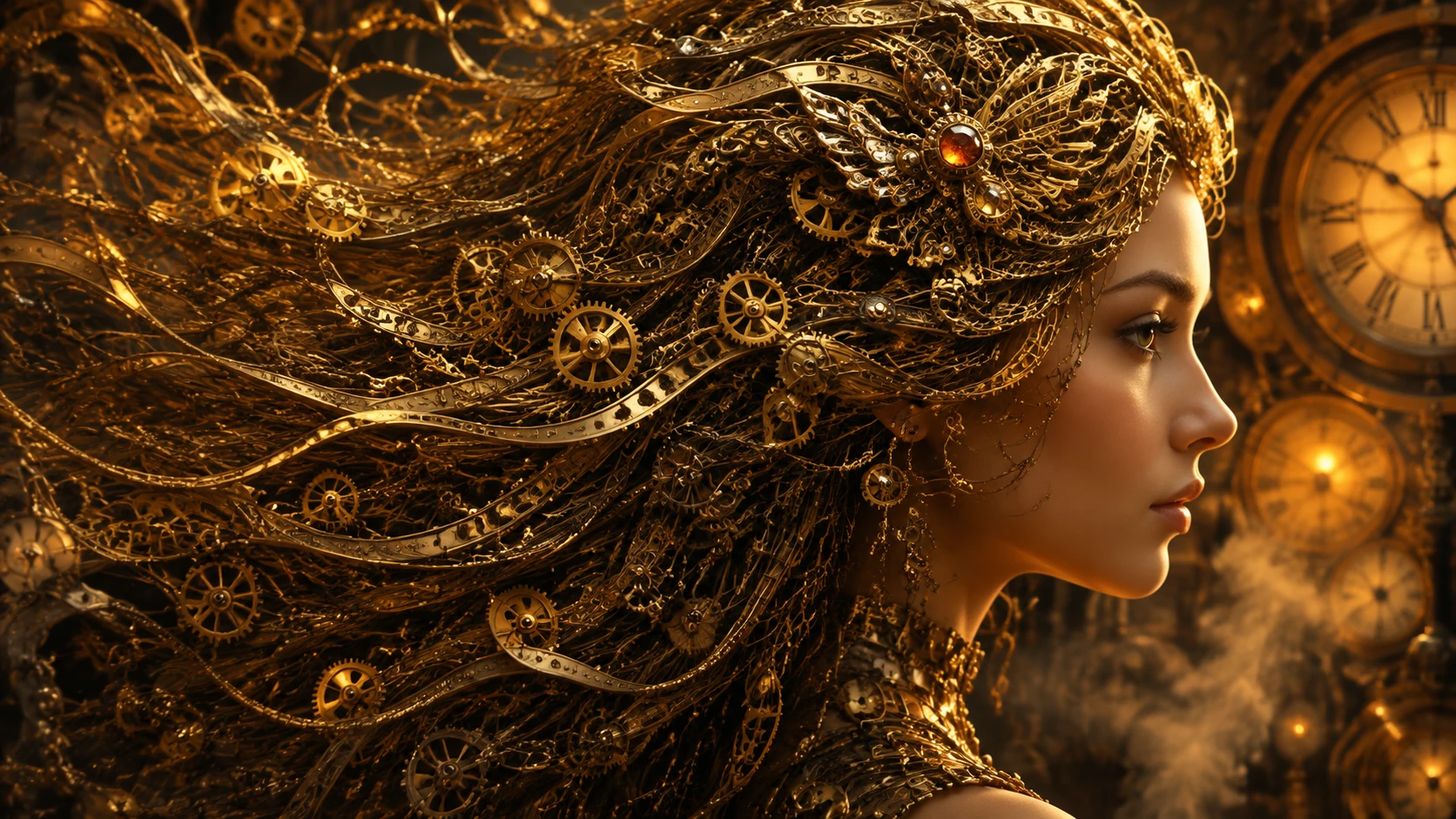 Portrait Steampunk aux Cheveux Mécaniques dans une Chaude Lumière Dorée