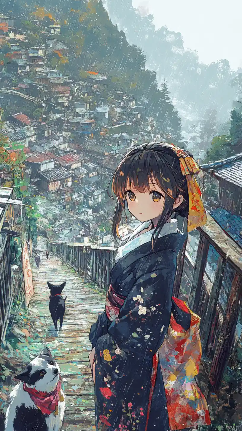 Garota de anime caminhando com um cachorro sobre uma ponte de madeira