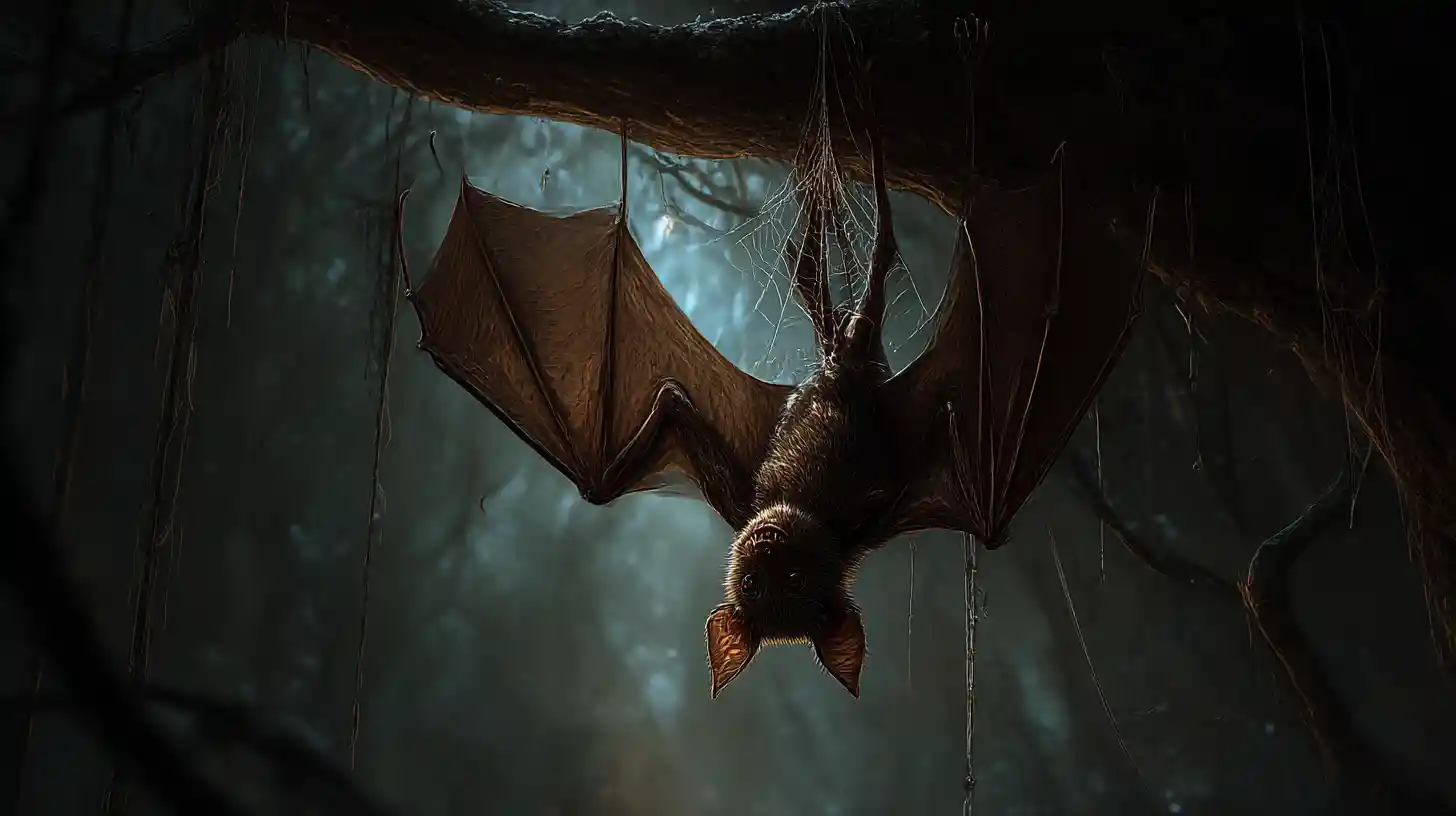 Monstruo murciélago-araña en un árbol de bosque oscuro encantado