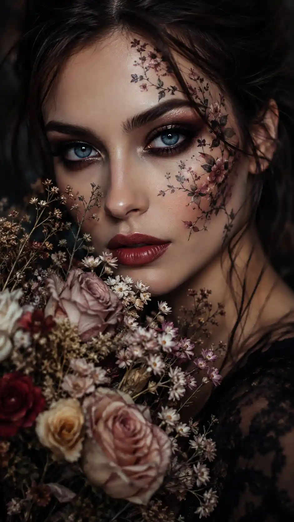 Retrato em close-up de mulher com olhos azuis e flores