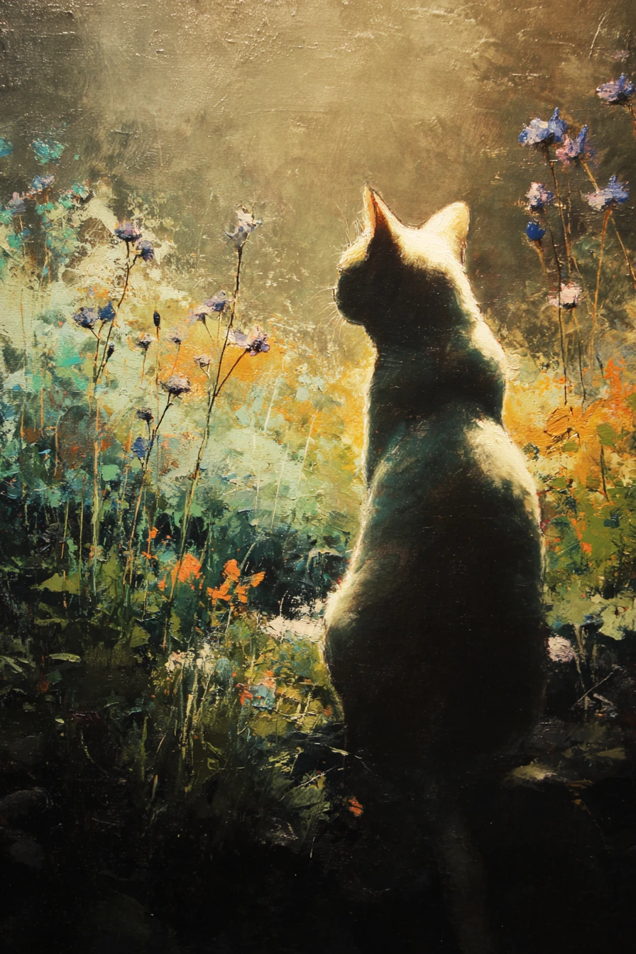 Gato silencioso que descubre un jardín luminoso nacido de estrellas caídas