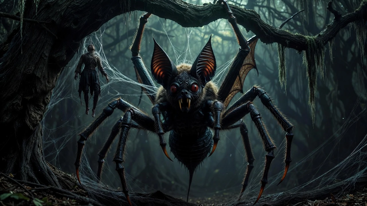 Aterrador monstruo araña-murciélago en un bosque oscuro y encantado