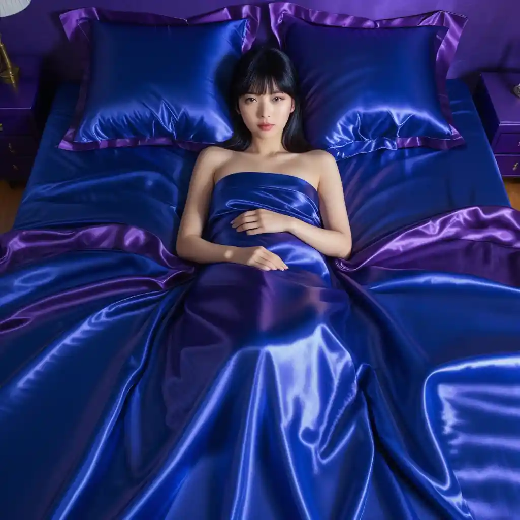 Japanese woman lying on royal blue and purple satin bed