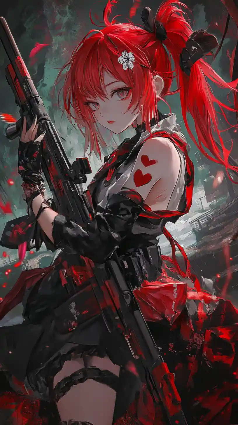 Chica de anime pelirroja en posición de batalla con rifle
