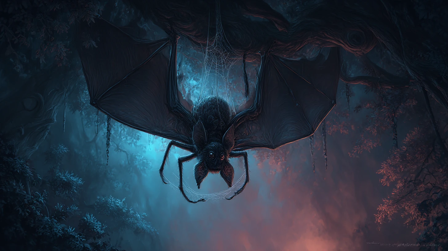 Monstruo murciélago-araña en un bosque oscuro y encantado
