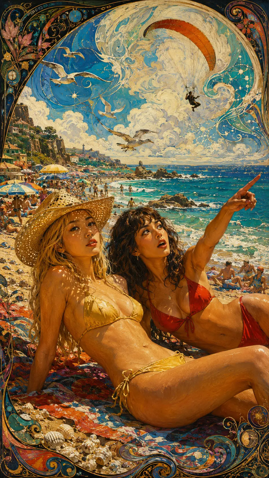Duas mulheres relaxando em uma praia surreal ensolarada